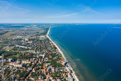 Aerial: Seacoast of the resort town of Zelenogradsk, Russia