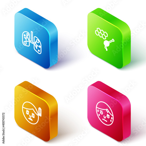 Set Isometric line Lungs, Honeycomb with honey dipper, Fatigue and Man excessive sweating icon. Vector.