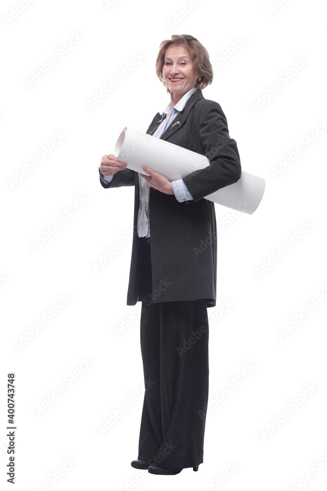 Senior confident woman architect holding construction plans Senior confident woman architect holding construction plans