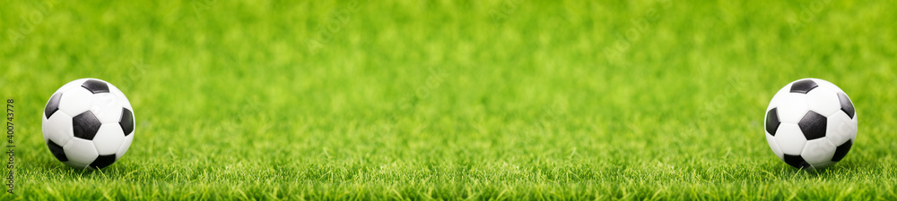 Soccer ball on green grass field with copy space. Long banner