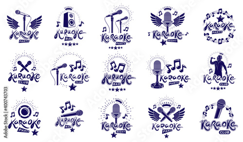 Karaoke party or club logos and emblems vector set isolated, singing music nightlife entertainment weekend theme, microphones and musical notes compositions.