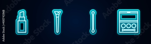 Set line Lipstick, Makeup brush, Cotton swab for ears and Eye shadow palette. Glowing neon icon. Vector.