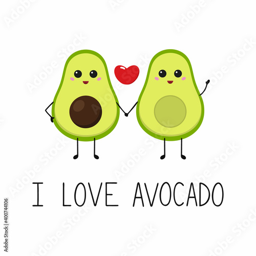 Two avocado halves hold each other's hands. The inscription in the style of lettering I love avocado. Avocado lovers. Valentine's day greeting card. Cover for a notebook. Print on a t-shirt.