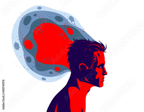 Man profile with abstract fluid shapes in motion from his head vector illustration, mindfulness philosophical and psychological theme, meditation and awareness.