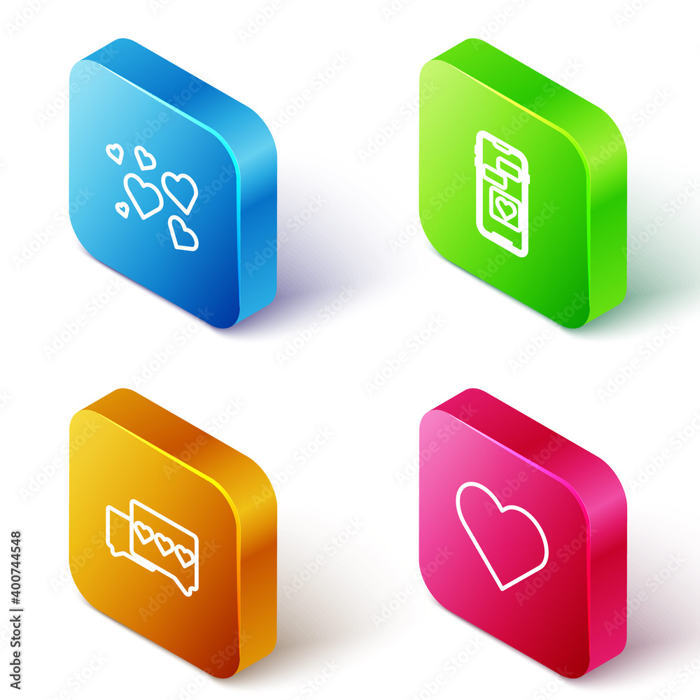 Set Isometric line Heart, Mobile with heart, Like and and icon. Vector. Set Isometric line Heart, Mobile with heart, Like and and icon. Vector.
