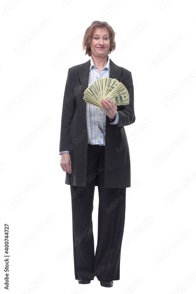 Front view of senior brunette businesswoman in black suit holding money Front view of senior brunette businesswoman in black suit holding money