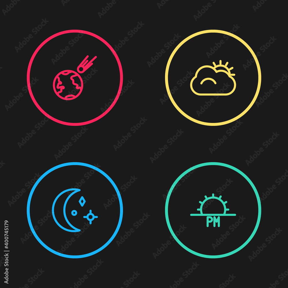 Set line Moon and stars, Sunset, cloud and Comet falling down fast icon. Vector. Set line Moon and stars, Sunset, cloud and Comet falling down fast icon. Vector.