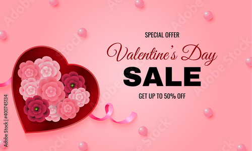 Valentine s day sale offer for website banner decorated with heart shaped box filled with paper flower and pink pearls. Realistic vector background.