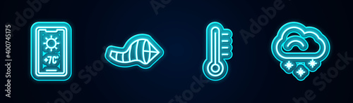 Set line Weather forecast, Cone meteorology windsock wind vane, Meteorology thermometer and Cloud with snow. Glowing neon icon. Vector.