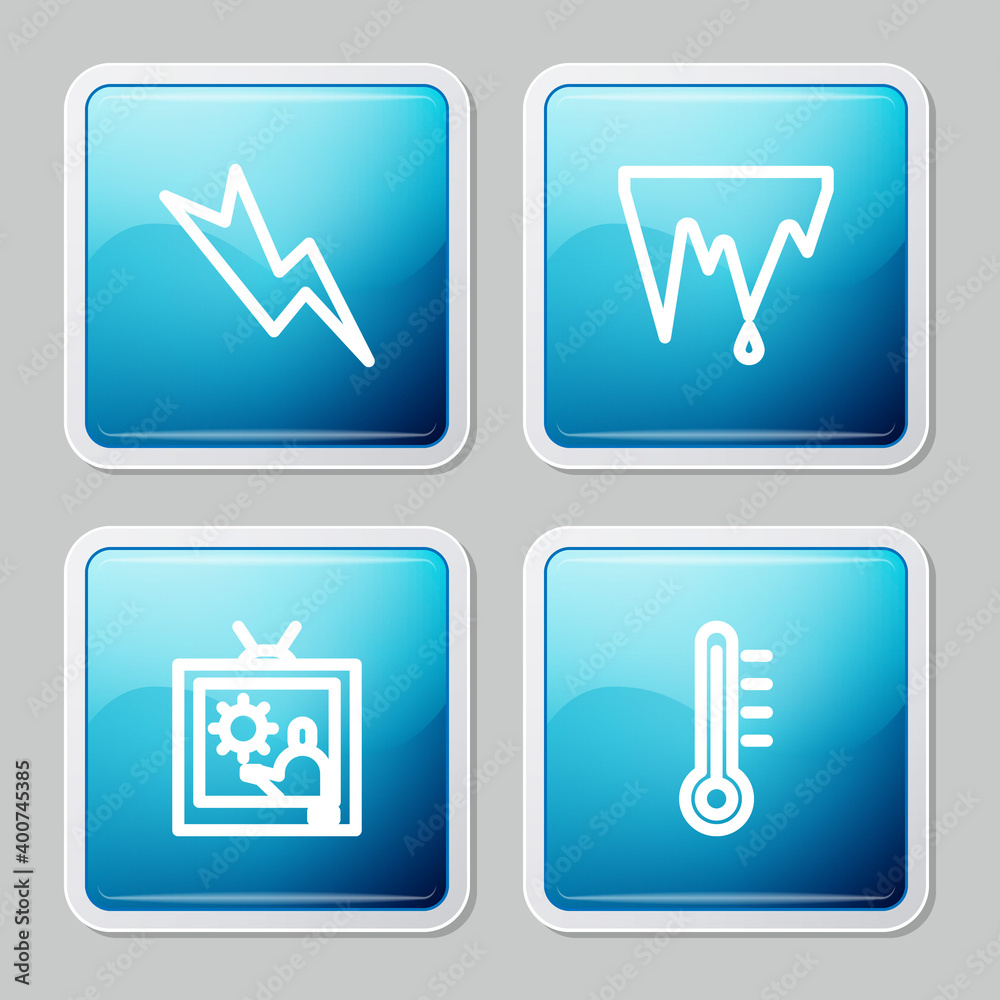 Set line Lightning bolt, Icicle, Weather forecast and Meteorology thermometer icon. Vector.