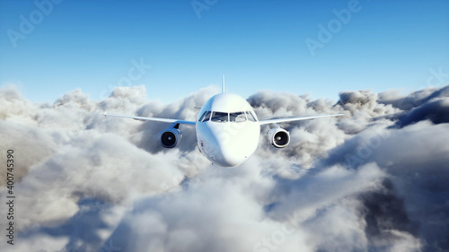 Passenger airbus flying in clouds. Plane. 3d rendering.