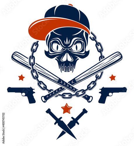 Gangster emblem logo or tattoo with aggressive skull baseball bats and other weapons and design elements, vector, criminal ghetto vintage style, gangster anarchy or mafia theme.
