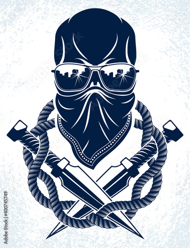 Revolution and Riot wicked emblem or logo with aggressive skull, vector tattoo, anarchy and chaos, rebel partisan and revolutionary.