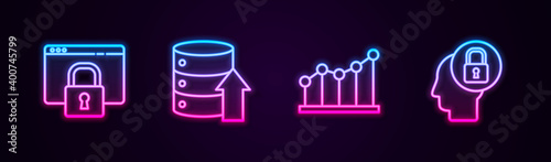 Set line Secure your site with HTTPS, SSL, Server, Data, Web Hosting, Pie chart infographic and Human head lock. Glowing neon icon. Vector.