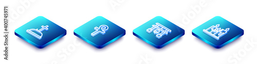 Set Isometric line Tombstone with cross, Cross ankh, Japan Gate and Burning candles icon. Vector.