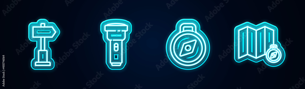 Set line Road traffic signpost, Flashlight, Compass and Location of the forest on map. Glowing neon icon. Vector. Set line Road traffic signpost, Flashlight, Compass and Location of the forest on map. Glowing neon icon. Vector.