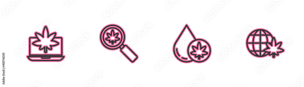 Set line Laptop and marijuana or cannabis, Marijuana olive oil, Magnifying glass and Legalize globe icon. Vector. Set line Laptop and marijuana or cannabis, Marijuana olive oil, Magnifying glass and Legalize globe icon. Vector.