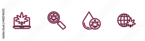 Set line Laptop and marijuana or cannabis, Marijuana olive oil, Magnifying glass and Legalize globe icon. Vector.