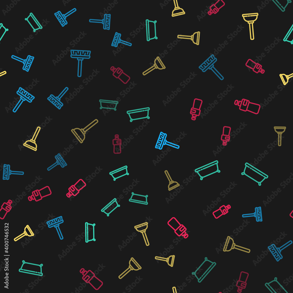 Set line Handle broom, Bathtub, Rubber plunger and Dishwashing liquid bottle on seamless pattern. Vector. Set line Handle broom, Bathtub, Rubber plunger and Dishwashing liquid bottle on seamless pattern. Vector.