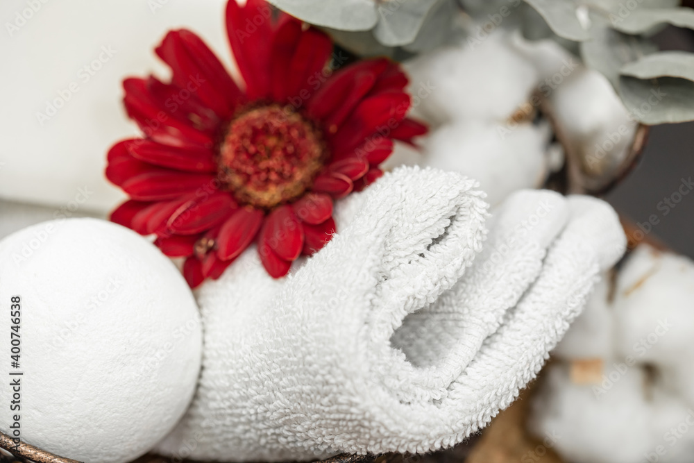 Spa composition with bath accessories and flower close up. Spa composition with bath accessories and flower close up.