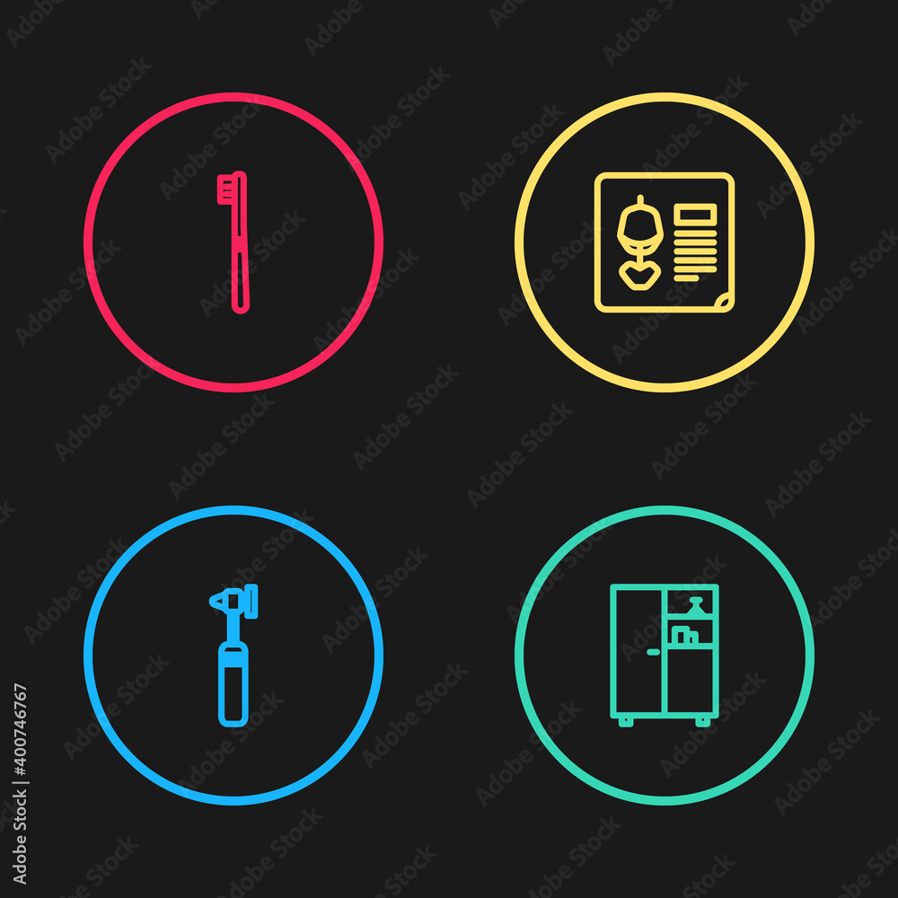 Set line Medical otoscope tool, Medicine cabinet, X-ray shots and Toothbrush icon. Vector. Set line Medical otoscope tool, Medicine cabinet, X-ray shots and Toothbrush icon. Vector.