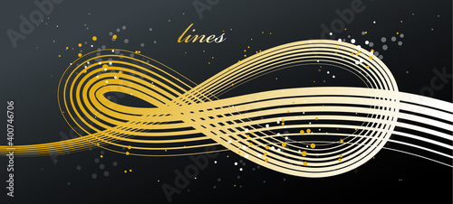 Elegant golden lines vector dimensional abstract background, 3D dynamic gold curve stripes in motion beautiful design element, luxury theme template for ads.