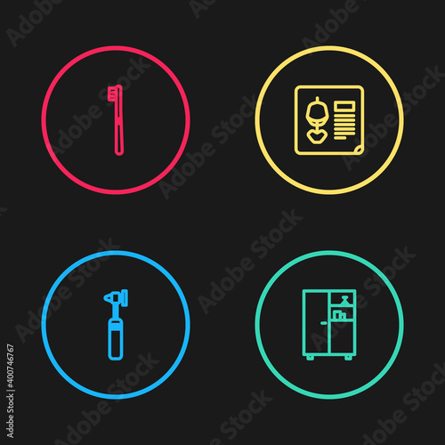 Set line Medical otoscope tool, Medicine cabinet, X-ray shots and Toothbrush icon. Vector.