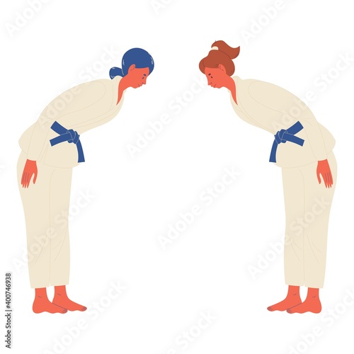 Two young women in white kimono greeting each other in bow before fight in judo or jiu jitsu combat. Cartoon smiling characters isolated on background
