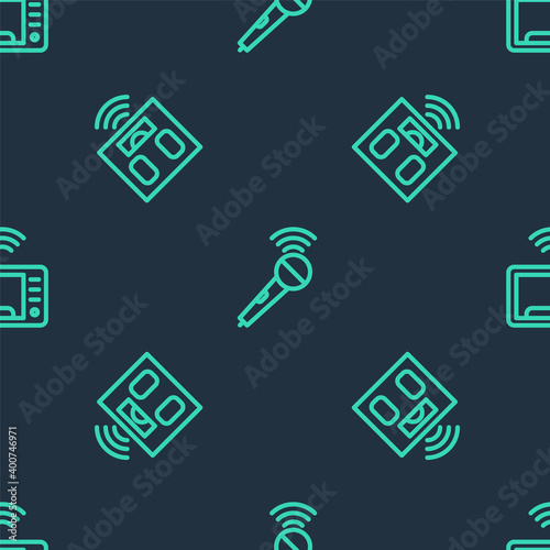 Set line Wireless microphone, Smart bathroom scales and microwave oven on seamless pattern. Vector.