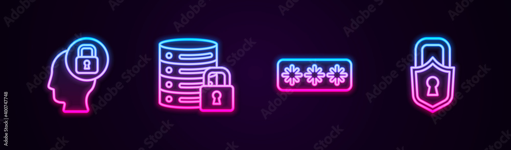 Set line Human head with lock, Server security, Password protection and Lock. Glowing neon icon. Vector. Set line Human head with lock, Server security, Password protection and Lock. Glowing neon icon. Vector.