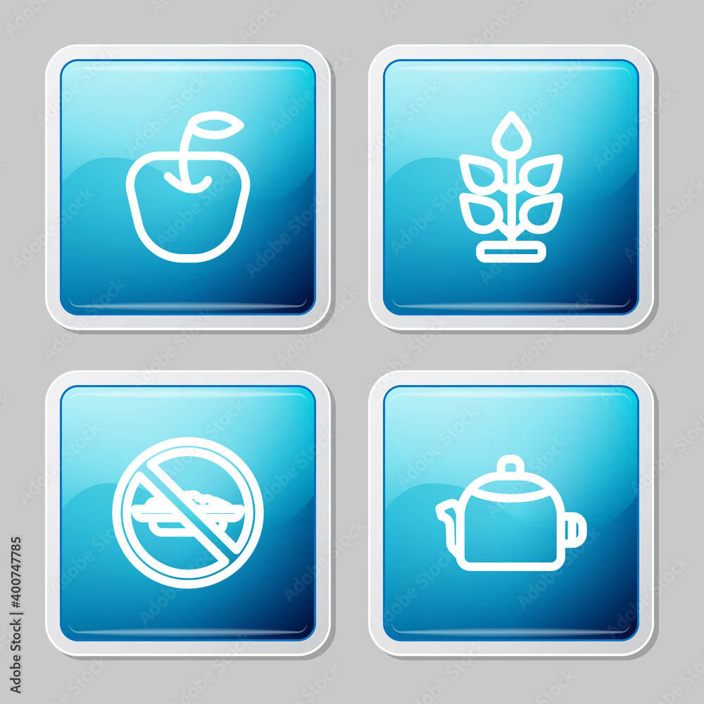 Set line Apple, Plant, Food no diet and Kettle with handle icon. Vector.