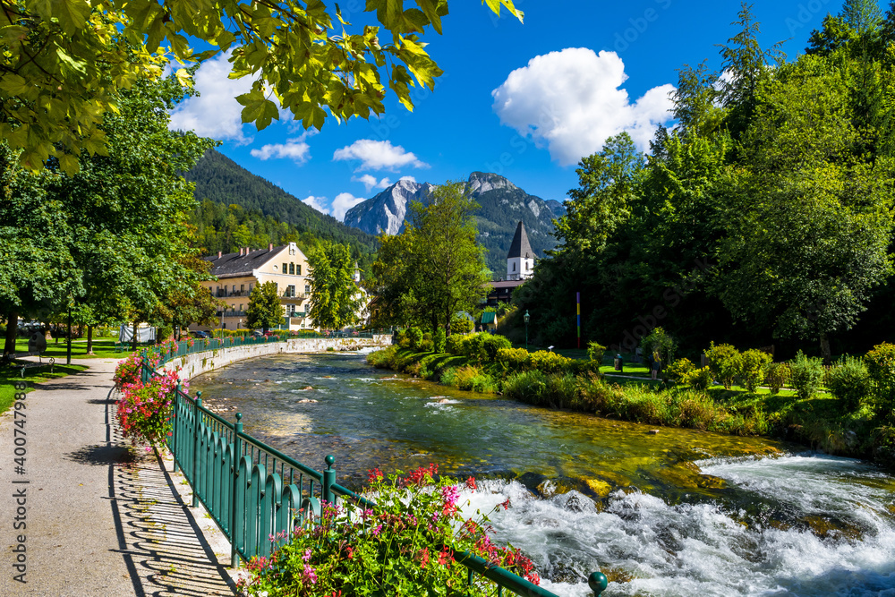 River Traun In The Village Bad Aussee In Austria - obrazy, fototapety, plakaty 