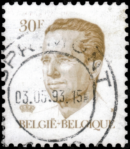 Postage stamp issued in Belgium the image of the King Baudouin I, 1930-1993. From the series on King Baudouin Type Velghe, circa 1984