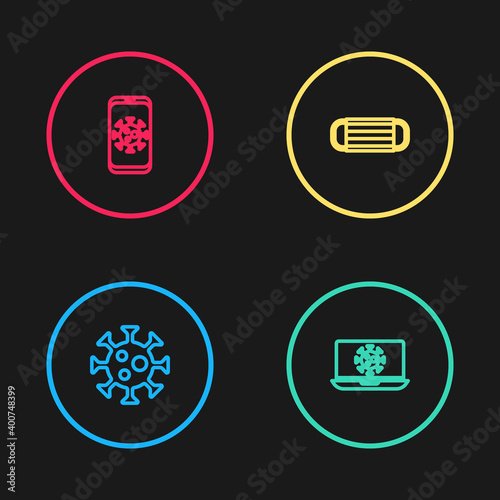 Set line Virus, statistics on laptop, Medical protective mask and mobile icon. Vector.