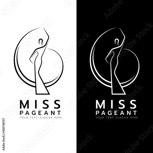 miss pageant logo with abstract line Beauty queen wear dress and Raise hand waving sign vector design