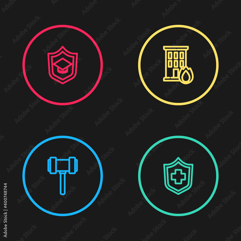 Set line Judge gavel, Health insurance, Fire burning house and Graduation cap with shield icon. Vector. Set line Judge gavel, Health insurance, Fire burning house and Graduation cap with shield icon. Vector.