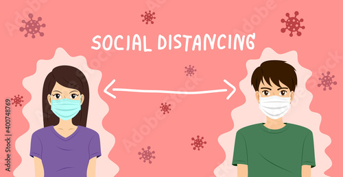 Vector cartoon portrait young female and male wearing medical face protective mask keep social distancing to avoid spreading corona virus. Health care concept illustration.