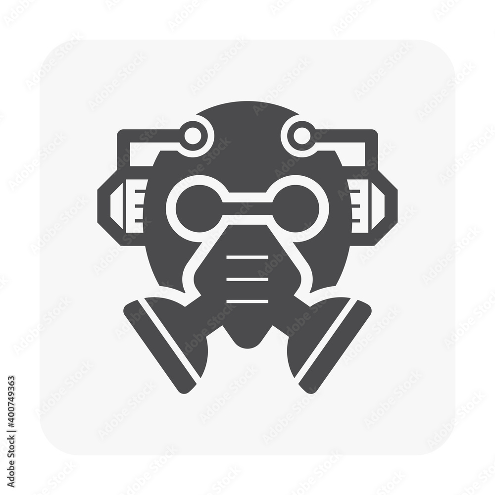 Personal protective equipment (PPE) icon. Consist of air purifying respirator or gas mask, earmuff and goggle. For protect mechanics, welder, painter and worker from biohazard, pollution, radiation. Personal protective equipment (PPE) icon. Consist of air purifying respirator or gas mask, earmuff and goggle. For protect mechanics, welder, painter and worker from biohazard, pollution, radiation.