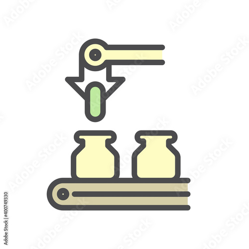 Pharmaceutical and supplement manufacturing industry vector icon. Consist of robot or automated machine filling capsule of drug or medical product in bottle packaging on conveyor and production line.