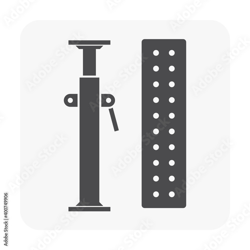 Scaffolding component icon. Consist of board decking. Also called steel plank, metal deck and catwalk for work platform and access. Include adjustable scaffolding shoring prop for temporary support.