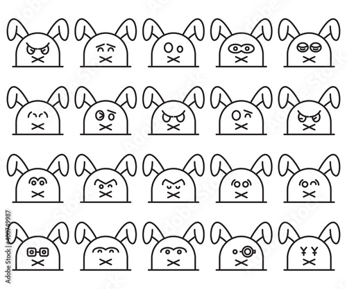 rabbit, bunny emoticons line design set