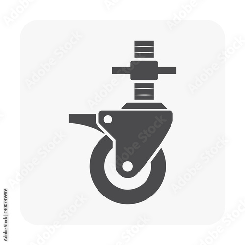 Scaffold caster wheel vector icon. Anti skid swivel type. Item is a construction equipment and component of scaffold. Consist of rubber wheel, brake and adjustable screw. For rolling to move scaffold.