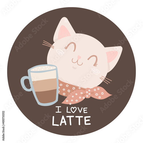 I love latte vector icon. Cat with big cup of coffee isolated art. Funny motivated illustration with animal and drink. Illustration in flat style for postcard, sticker, poster, cafe menu.