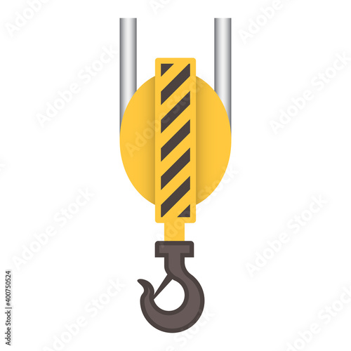Hook and hoist vector icon. Industrial machinery or equipment include steel wire rope or cable and pulley. Part of crane, winch for lifting, moving load in factory, warehouse and construction site.