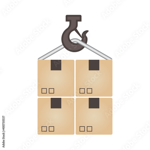 Box package, cargo, parcel or goods vector icon. Include crane hook, wire, steel rope or cable. Industrial shipping logistics and lift, move, unload, transport in port, store, warehouse and factory.