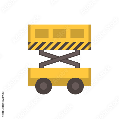 Scissor lift vector icon. Elevating work platform or elevator. Vertical move by scissor mechanism, hydraulic, bucket, folding support. For transport, maintenance, construction, service at height level
