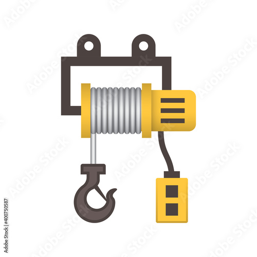 Electric hoist crane vector icon. And remote control, motor, steel rope or wire or cable, wheel. Lifting equipment for mounted on girder, bridge, gantry, overhead and jib crane in factory, warehouse.