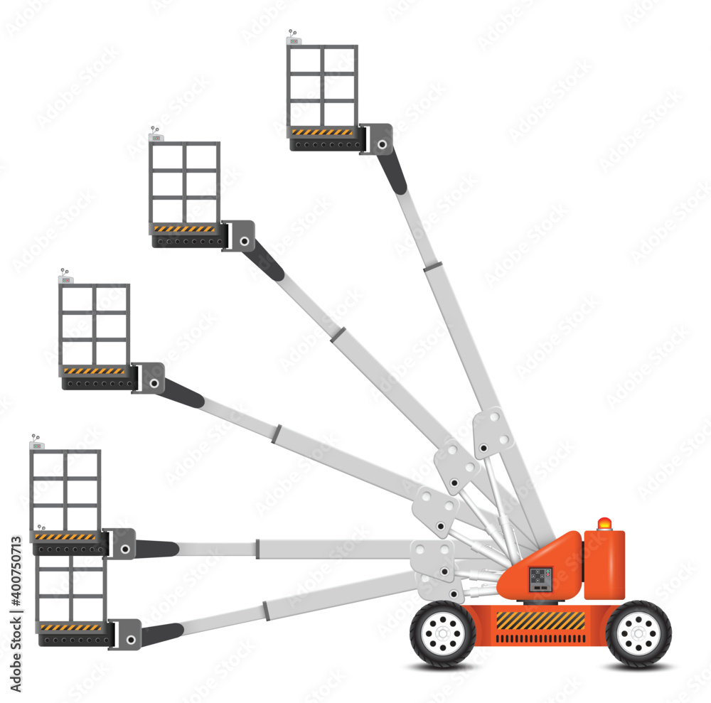 Straight or telescopic boom lift vector. Separate layer of angle. Aerial  work platform or elevator with boom, bucket, hydraulic. For transport,  maintenance, construction. Separate layer in angle. Stock Vector