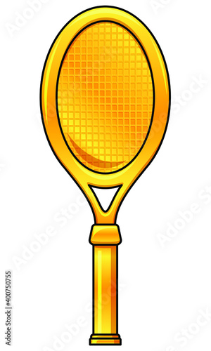 Golden tennis racket. Cartoon illustration. Gold material. Trophy award for champion of tournament or competition. Glossy and shiny sports inventory object. Achievement badge for players.
