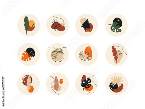 Abstract story highlight cover. Hand drawn shapes, leaves, doodle set boho contemporary style. Vector round social media stories for bloggers.